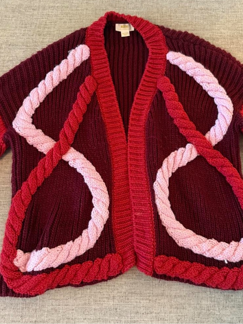 Anthropologie Maeve Red and Pink Chunky Open-Front Cardigan